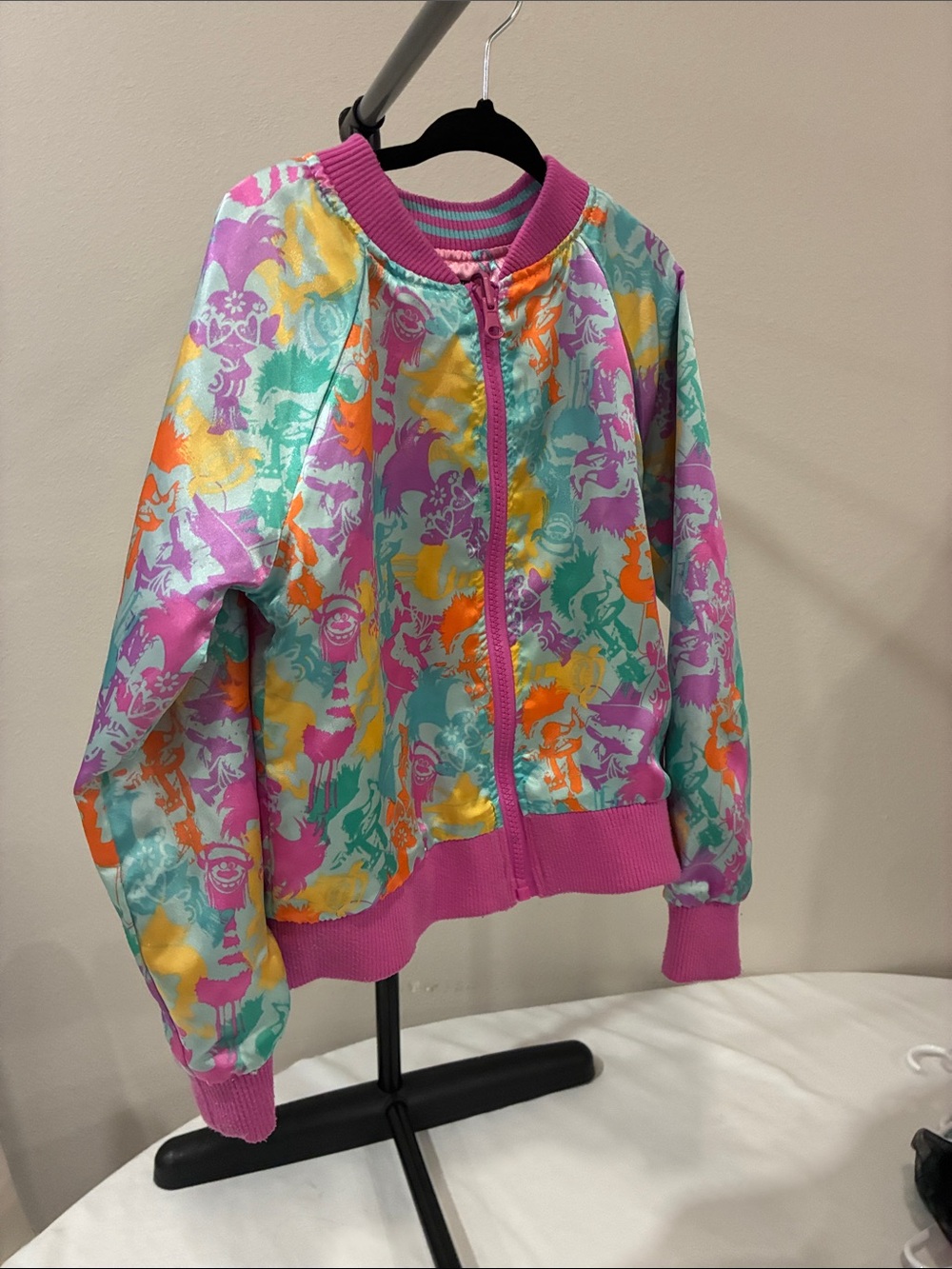 Trolls Multi-Color reversible Satin Bomber Jacket with Pink Trim